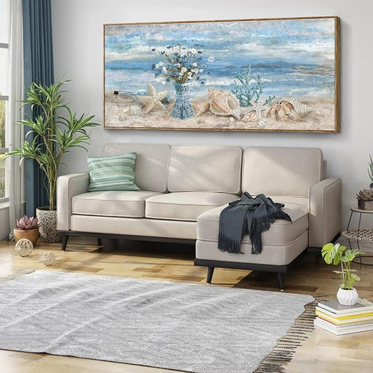 Nicetop Extra Large Framed Canvas Wall Art for Living Room Blue Ocean Theme Seascape Painting Beach Daisy Flower in Vase Coastal Landscape Calm Seaside Artwork for Sea Lake Bedroom Office 32x71inch
