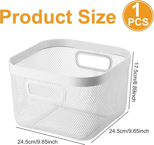1 Pack Metal Mesh Basket with Hollow Handles White Wire Storage Bin for Organizing Stackable Metal Fine Mesh Basket for Pantry Bathroom Kitchen Cabinets Shelves (Medium)