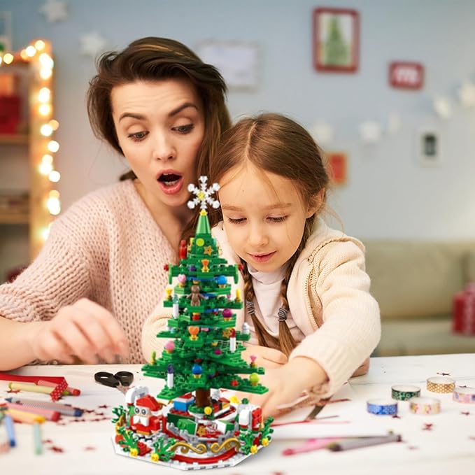 701 Pcs Christmas Tree Building Toy: 24-Day Advent Calendar, 30 LED Warm Lights (USB), Santa Ornaments & Snowflake Topper - Educational Blocks for Kids 3-6, Tabletop Decor