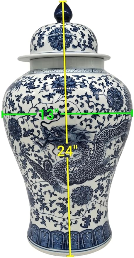 24" Classic Blue and White Dragon Porcelain Ceramic Temple Ginger Jar Vase, Large China Qing Style (Dragon)