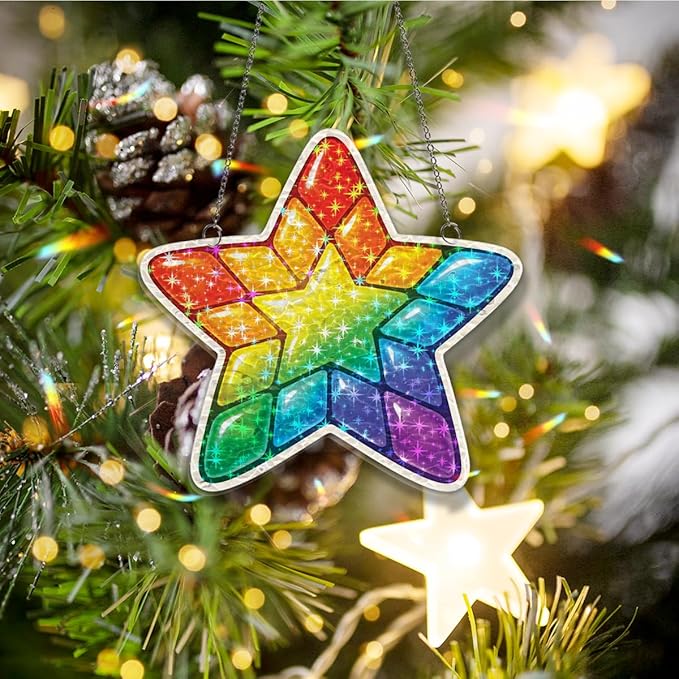 Vibrant Star Mosaic Acrylic Suncatcher, Window Hanging Sun Catcher Ornament, Crystal Prism Light Catcher Decor, Sunlight Window Decor, Aesthetic Home Decor Gift