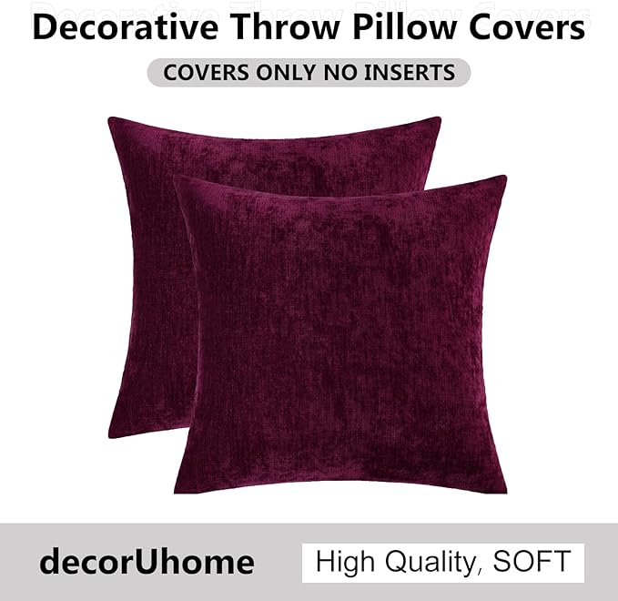 decorUhome Chenille Burgundy Spring Throw Pillow Covers 18x18 Inch Set of 2, Decorative Soft Couch Pillow Covers Solid Dyed Accent Farmhouse Neutral Square Pillow Cases for Sofa