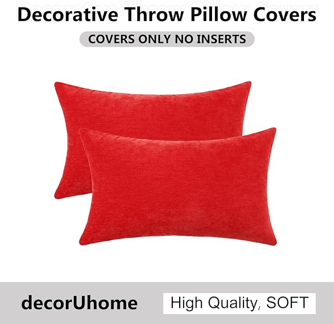 decorUhome Chenille Red Throw Pillow Covers 12x20 Inch Set of 2, Decorative Soft Couch Pillow Covers Solid Dyed Accent Farmhouse Neutral Rectangle Pillow Cases for Sofa