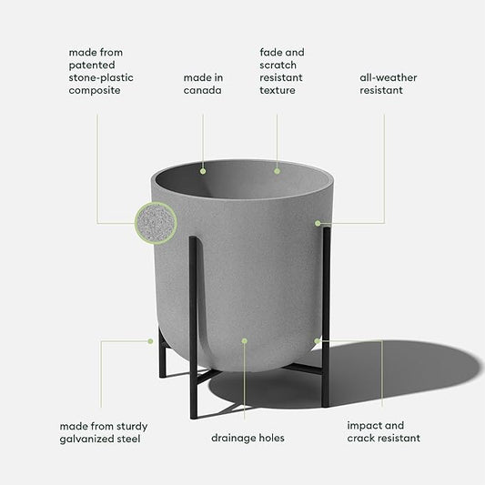 Veradek Mason Series Raised Lima Planter - Round Planter for Patio/Balcony | Plastic-Stone Composite w/Metal Plant Stand | Modern Décor for Plants