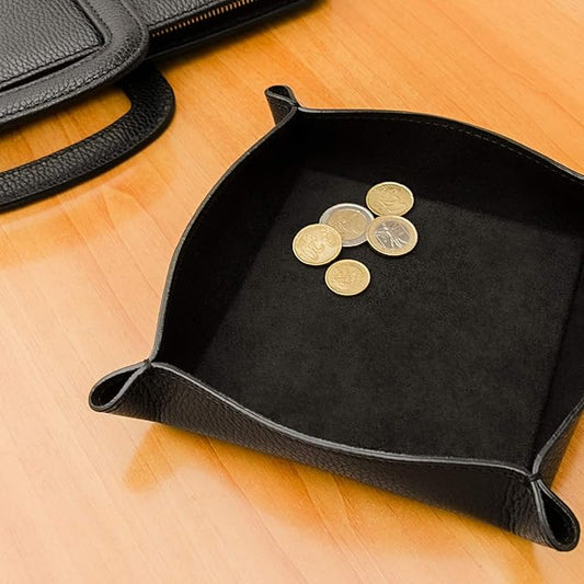 Maruse Italian Tumble Leather Valet Tray Organizer, Office Desk Accessory, Durable Leather Handmade in Italy (Black)
