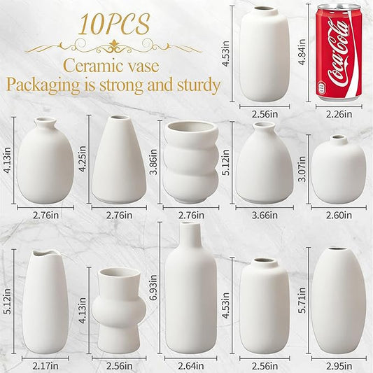 White Vases Set of 10, Small Ceramic Flower Vases Bulk Bud Vases for Wedding Table Centerpieces Decor Pampas Grass Modern Boho Home Party Decor DIY Gift
