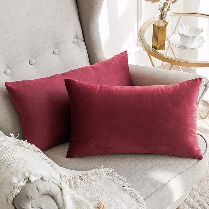 MIULEE Pack of 2 Velvet Soft Solid Christmas Decorative Lumbar Rectangle Throw Pillow Covers Cushion Case Home Decor for Sofa Couch Bedroom Car 12x20 Inch Wine Red