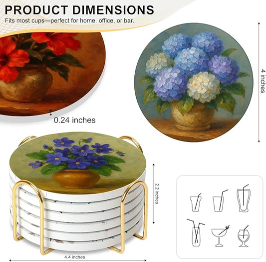 Ceramic Coasters Set of 6 with Holder, Floral Pot Style, Absorbent Drink Coaster Set for Home Decor, Cups, Mugs and Glasses (Terracotta Flower Pot)