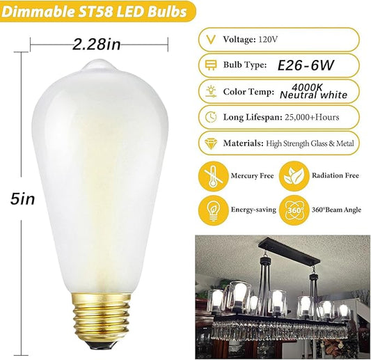 Dimmable E26 Frosted LED Edison Bulbs, 4000K Neutral White,6W Equivalent 60W,600LM,AC120V,ST58 Frosted Light Bulbs with 90+ CRI,Edison Style,Pack of 6 (6W=60W, 4000K)