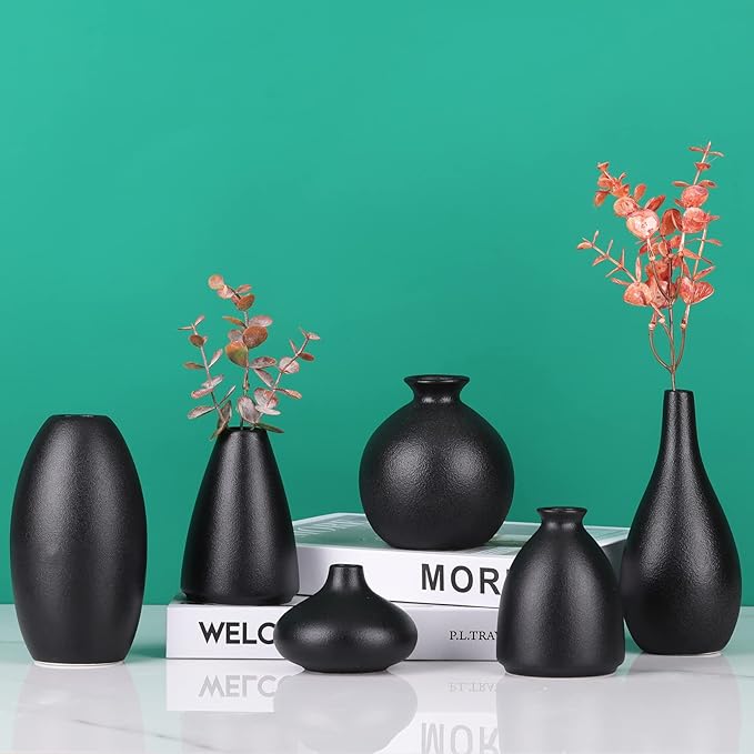Set of 6 Matte Black Small Vases for Flowers, Ceramic Bud Vase Bulk Boho Centerpieces for Tables, Mini Short Vase Modern Bulk Wedding Centerpieces Ikebana Vases for Bridal Shower/House Warming Gift
