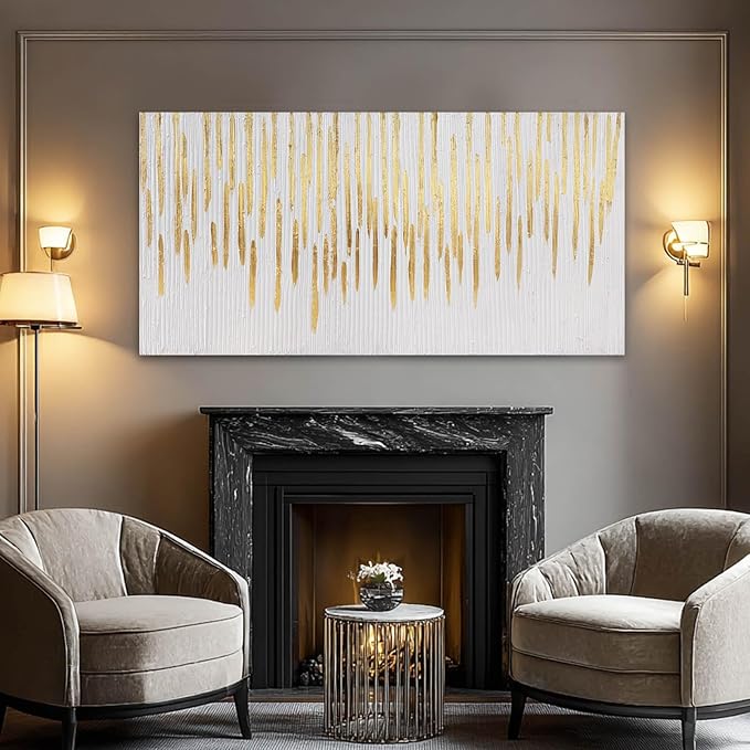 YJYart Gold Abstract Wall Art – White Canvas, 24"x48" | Gallery & Hotel Decor