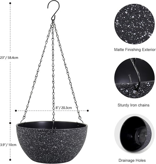 8 inch Small Hanging Planters for Indoor Outdoor Plants, 2 Pack Hanging Flower Plant Pots with Drainage Holes and Chain for Porch, Plastic Hanging Baskets for House Plants, Speckled Black