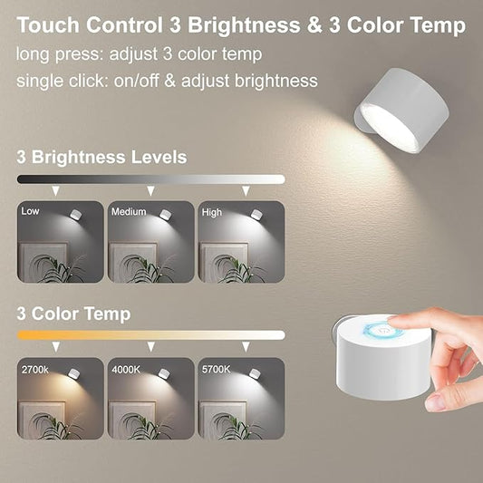 Koopala 3PACK Rechargeable LED Wall Sconce, Cordless Battery with Remote, Powered Wall Sconce, 3 Brightness Levels, 360° Swivel Magnetic Shade for Bedrooms, Hallways, Den and Reading Spaces(White)