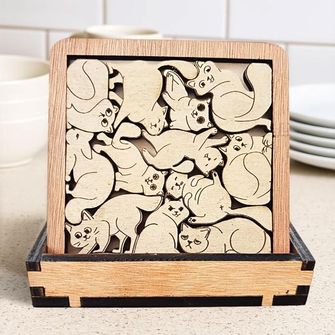 Set of 02 Cats Wooden Puzzle Coasters – Cat Lover Gift, Unique Wood Drink Coasters - Cat Puzzle Coasters - Interlocking Jigsaw Drink Mats with Laser-Cut Design