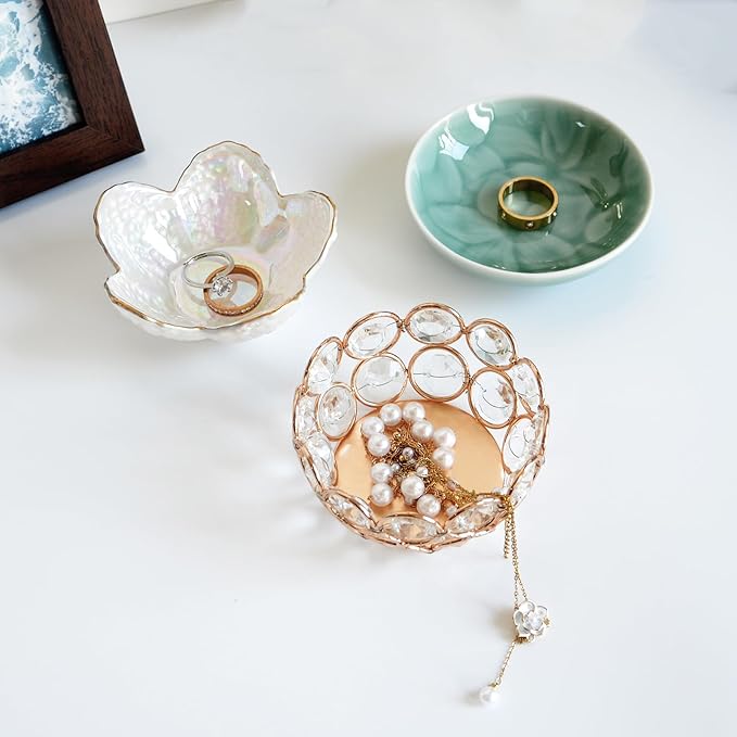 Flower Shape Ring Dish Jewelry Tray Organizer, Glass Accent Tray for Vanity, Small Decorative Trinket Dish, Pearl White