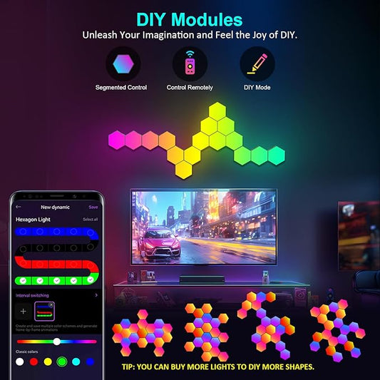 20-Pack Hexagon Light Panels – Smart RGB LED Wall Lights with App & Remote – Music Sync Gaming Lights for Gamers, Game Room Decor, Gaming Equipment, Living Room, Bedroom, Kids & Adults