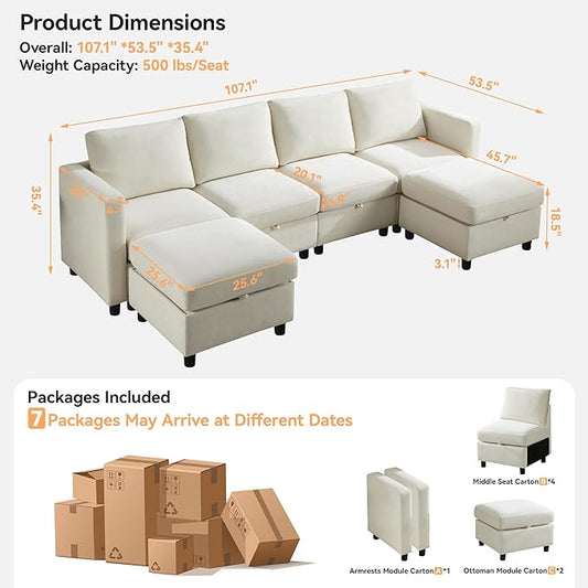 107”Modular Sectional Sofa Convertible U Shaped Sofa Couch Set with Storage for Living Room, Modern 6 Seater Modular Sectional Couch with Movable Ottoman, Chenille(Beige)