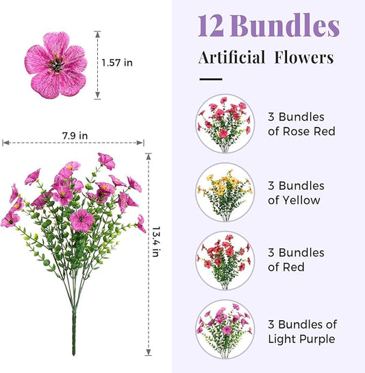 12 Bundles Artificial Flowers for Outdoors Decorations, Spring Summer Multicolor Realistic Faux Silk Daisy, UV Resistant Fake Flowers for Patio Home Decor Garden Planter Window Box Yard