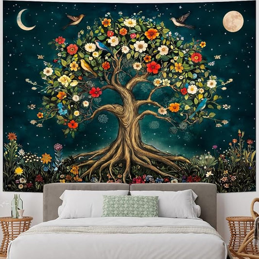 Amtoodopin Tree of Life Tapestry Mystic Boho Flowers Tapestry Vintage Aesthetic Tree Wall Tapestries Retro Nature Floral Plants Tapestries Wall Hanging for Bedroom