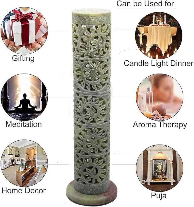 Carry Me Marble Soapstone Incense Stick Holder | Candle Burner | Tea Light Holder - Perfect Handmade Floral Carving for Gifting. Decorative Home and Office Decor.(3 x 3 x 11 Inches)
