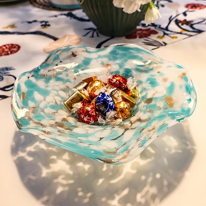 Hand Blown Murano-style Art Glass Bowl, 10.2-Inch Large Decorative Centerpiece for Table, Cobalt Blue Fruit Display & Kitchen Counter Decor