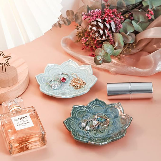 PUDDING CABIN Boho Ring Dish Small Jewelry Dish Ceramic Trinket Tray Crystal Holder 2 Set of Boho Decor, Wedding Bridal Shower Gifts for Bridesmaids Bride