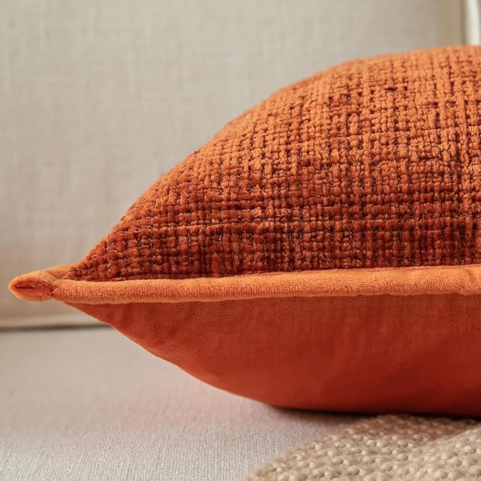 Yaertun Pack of 2 Chenille Textured Decorative Throw Pillow Covers Accent Solid Cushion Cover Soft Cozy Pillow Case with Velvet Back for Couch Sofa Bed Living Room 18x18 Inch Rust