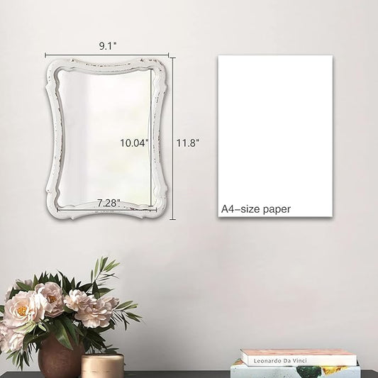 Rustic Wood Framed Small Wall Mirror Decor 12 x 9 inches, Handmade Distressed White Vintage Decorative Mirror, Farmhouse Bathroom Mirrors for Vanity, Hanging Ornate Accent Sculpted Mirrors