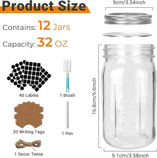 CycleMore Wide Mouth Mason Jars 32 oz, 12 Pack Large Glass Mason Jar with Metal Airtight Lids and Bands, 1 Quart Canning Jars for Pickling, Fermenting, Food Storage & DIY Projects