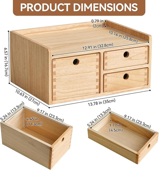 KIRIGEN Desk Organizer with 3 Drawers - Wood Drawer Storage Box with Trays for Tabletop - Workspace Office Toiletries Supplies Tool Caddy - Wooden Storage Cabinet Natural(DT1D3C-NA)