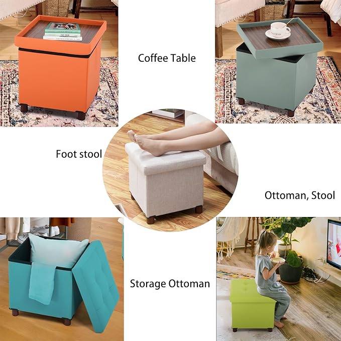 Storage Ottoman, Ottoman with Storage for Living Room Ottoman Square Tray Bedroom Cube Foot Rest Stool With Legs Small Ottomans Coffee Table Lid Foldable Footstool Faxu Leather 15" Inch (Grey)