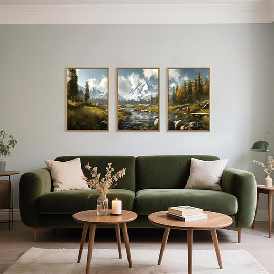 Aryroi Large Watercolor Snow Mountain Framed Canvas Wall Art,Modern River Grassland Wall Decor,Natural Green Forest Artwork,Neutral Wood Landscape Art Print for Living Room,Bedroom,Office- 24"x36"x3