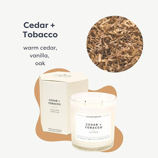 Calyan Wax Co. Cedar & Tobacco 2 Wick Scented Candle - 37 Hour Burn - Luxury Non Toxic Soy Wax Candles - Long Lasting Large Glass Jar Candle for Home - 8.8oz