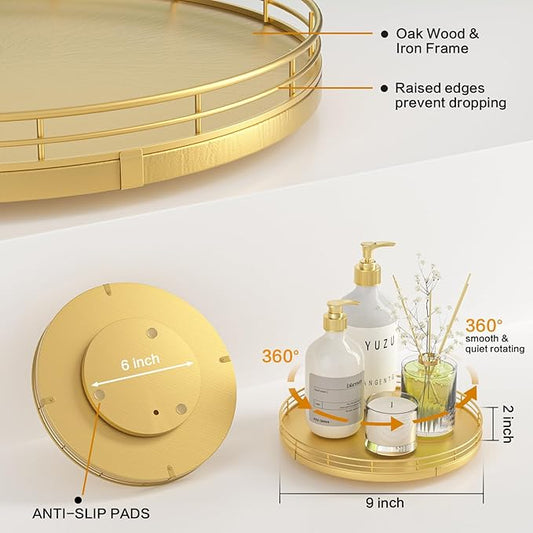 9" Gold Lazy Susan for Table Top, Oak Wood Lazy Susan Turntable Organizer for Dining Coffee Table Centerpiece Bar Decor Kitchen Countertop Bathroom Vanity Decorative Tray for Perfume Jewelry Round