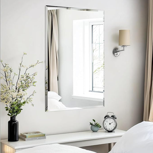 Frameless Rectangular Wall Mirror: Decorative Rectangle Mirrored Glass Vanity with Beveled Silver Edge for Bathroom Bedroom Livingroom Dining Room Entryway Hallway, 28 x 20 inch