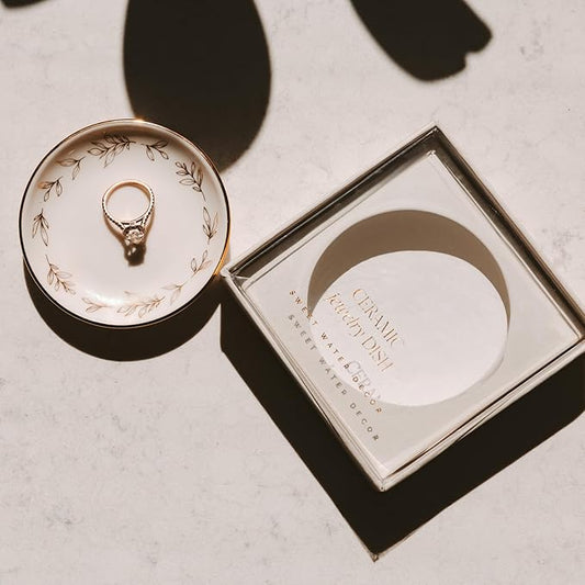 Sweet Water Decor Jewelry Dish, Ceramic Trinket Tray with Gold Foil Leaf Design, 3” Ring Holder for Earrings and Small Keepsakes, Elegant Gift for Bridesmaids, Weddings, Anniversaries, Birthdays