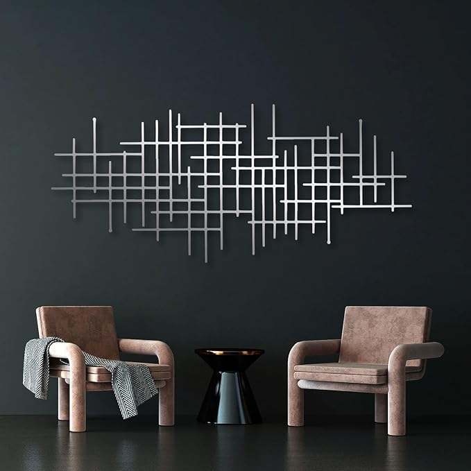 Metal Geometric Line Wall Art, Modern Minimalist Abstract Metal Line Art Wall Decor for Living Room Bedroom Office Kitchen Dining Room (White, 53 x 23 in | 135 x 59cm)