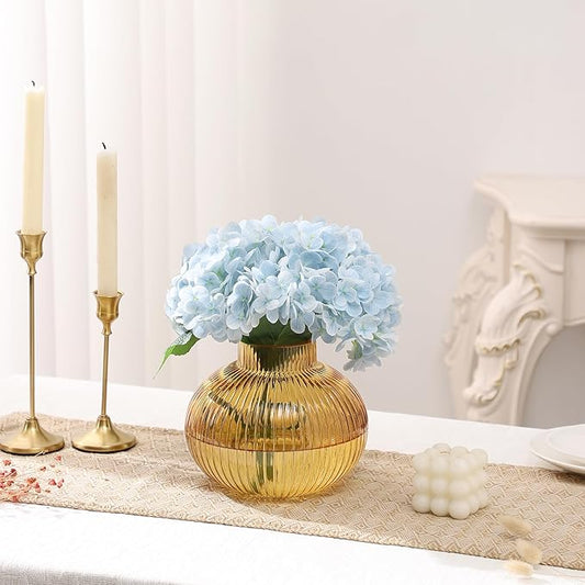 Amber Glass Vase for Tulips, Ribbed Glass Vase for Flowers, Round Flower Vases, Small Short Vases for Living Room, Office, Coffee Table, Shelf, Wedding, 6 Inches
