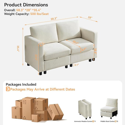58”Modular Sectional Loveseat Sofa, Modern Love Seat 2 Seater Sofa Couch with Storage, Chenille Modular Sectional Couch for Living Room, Bedroom, Office, Small Apartment, Beige