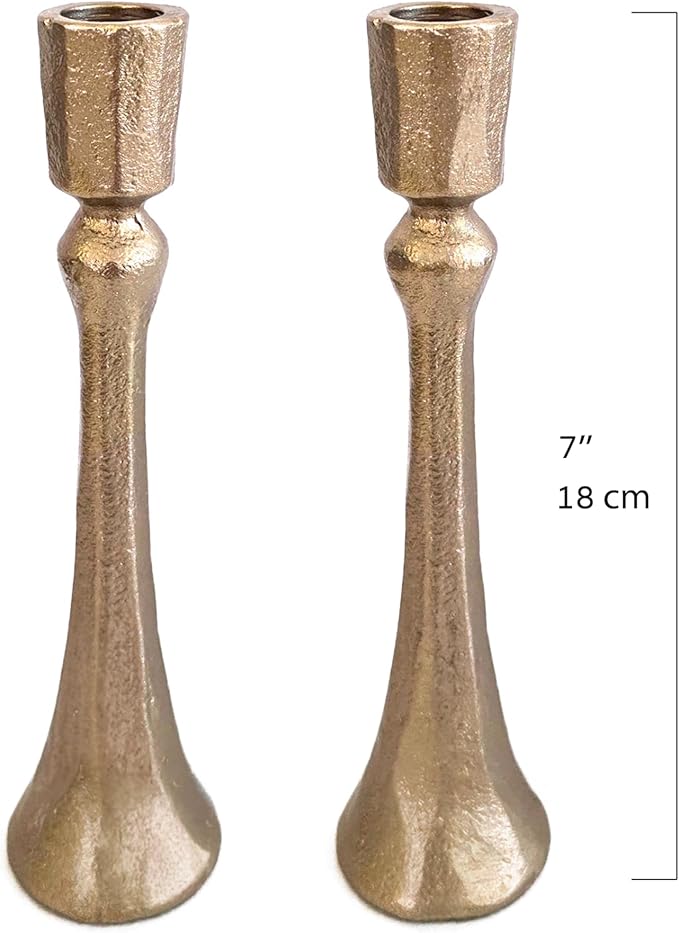 Yair Emanuel Tapered Shabbat Candle Holders Pair – Rustic Sculpted Design in Brass or Silver Finish Judaica Gift for Weddings, Shabbat and Holidays (Ancient Brass, 7.1 Inch)