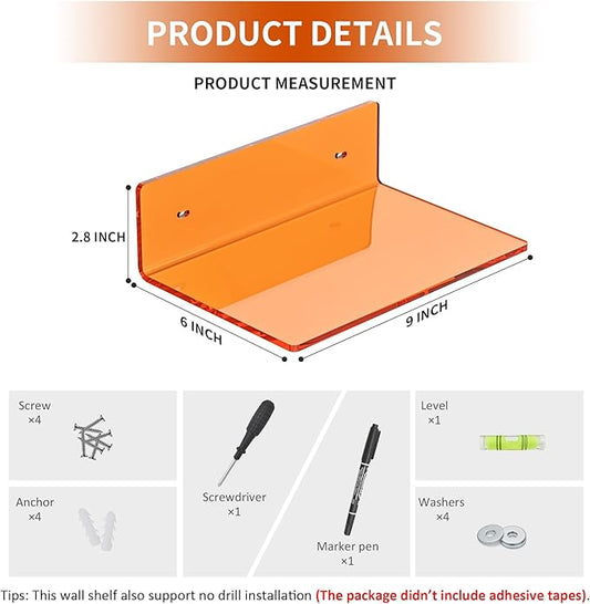 Sezanrpt 9 Inch Orange Wall Shelves, Acrylic Wall Mounting Ledges Display, Acrylic Display Wall Shelf for Funko Pop Figures, Collectibles, Plants, Décor, Toiletries, Spices, 2 Pack