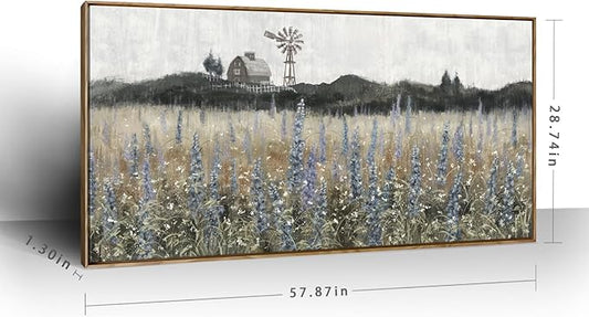Large Framed Wall Art for Living Room Nature Wilderness Landscape Painting Vintage Canvas Print Rustic Farmhouse Scenery Picture Countryside Wildflower Field Meadow Windmill Barn Artwork 60"W x 30"H