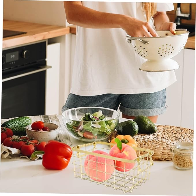 GLEAVI Nordic Style Metal Wire Basket with Handles Decorative Iron Storage Basket for Fruits Vegetables and Sundries Portable Organizer for Home and Kitchen