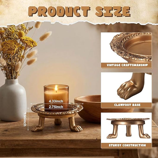 2 Pack Brass Color Candle Holder Pedestal Dish Stand Gold Vintage Tray Clawfoot Plate Decor for Jewelry Wax Ring Trinket