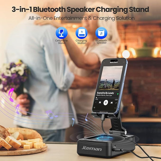 JTEMAN Cell Phone Stand with Bluetooth Speaker,HD Sound Adjustable Phone Holder,Birthday Gifts for Men Women, Cool Tech Kitchen Gadgets for Most Phones and Tablets-Black