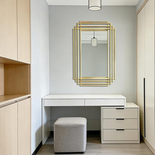 Gold Rectangle Mirror, 24"x36" Geometric Art Deco Mirror with Metal Frame, Modern Elegant Wall Mirrors for Living Room Bathroom Vanity Bedroom Entryway, Hangs Vertically or Horizontally