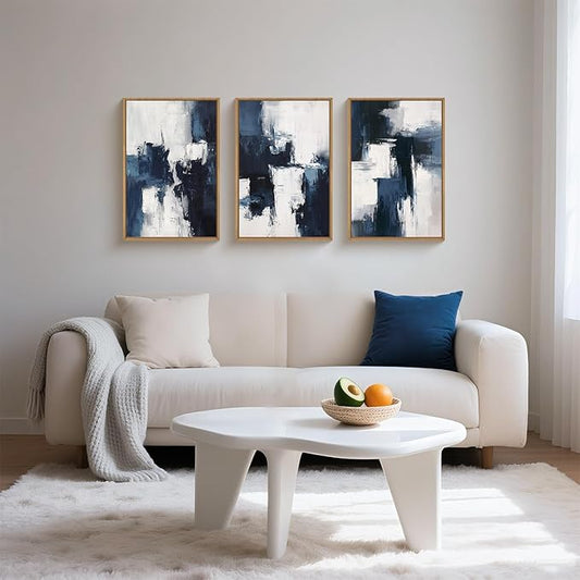 HLNIUC Navy Blue Abstract Wall Art Set of 3, Gray White Modern Neutral Art Decor(24x36), Minimalist Brush Strokes Wall Painting, Dark Geometric Textured Canvas Prints for Living Room, Bedroom, Office