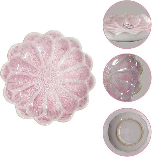 Lotus Ceramic Jewelry Tray, Small Trinket Jewelry Ring Holder Organizing Dish, for Parents Daughter Friends Sister, Birthday Gifts for Women, Retro Blue & Pink