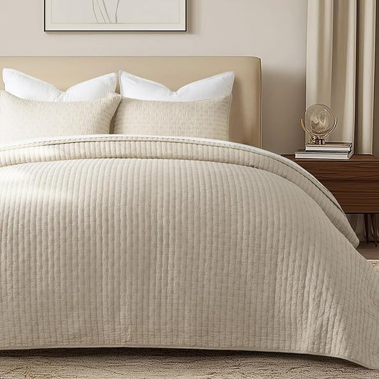 EVERGRACE Cross Stitch Pre-Washed Cotton Quilt Bedding Set King Size, Oversized 3 Pieces Lightweight Bedspread Coverlet for All Season, with 2 Matching Shams, Flax Beige,108"x96"