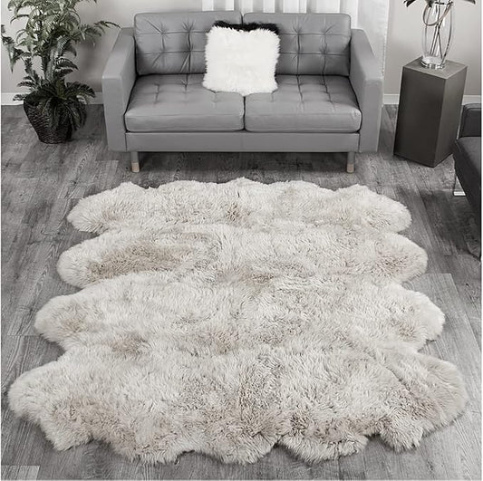 HUAHOO Premium Genuine Sheepskin Rug Real Australia Sheepskin Natural Luxury Fluffy Lambskin Fur Area Rug Seat Covers for Kids Bedroom Sofa Chair Cover Pets Dogs Mat Eight Pelt /6.2' x 7' Linen